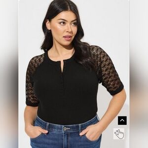 Torrid Womens Super Soft Rib Lace Inset Raglan Henley - Black - Size 2 - 18/20